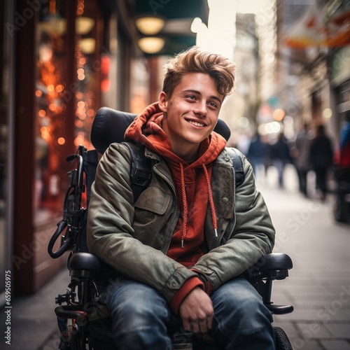 Gen Z boy in a wheelchair in the city © sirisakboakaew