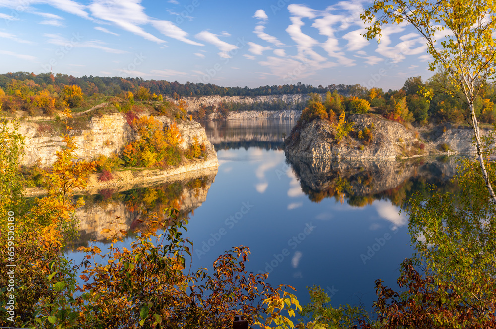 Zakrzowek lake and park in the autumn, former limestone quarry in Krakow, Poland