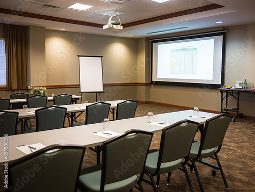 A well-arranged conference room with a meeting in progress, featuring screens and presentation equipment.