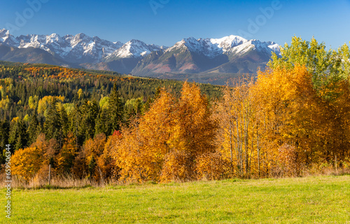 Mountain landscape, Tatra mountains panorama, colorful autumn view from Lapszanka pass, Poland and Slovakia.