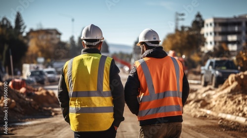 Road construction supervision team Civil engineers work at road construction sites to supervise new road construction and inspect road construction sites.