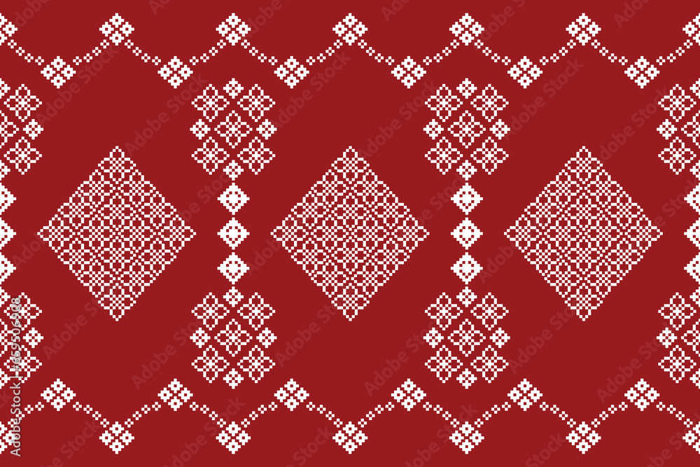 Ethnic geometric fabric pattern Cross Stitch.Ikat embroidery Ethnic oriental Pixel pattern red background. Abstract,vector,illustration. Texture,clothing,frame,decoration,motifs,silk wallpaper. Ethnic geometric fabric pattern Cross Stitch.Ikat embroidery Ethnic oriental Pixel pattern red background. Abstract,vector,illustration. Texture,clothing,frame,decoration,motifs,silk wallpaper.