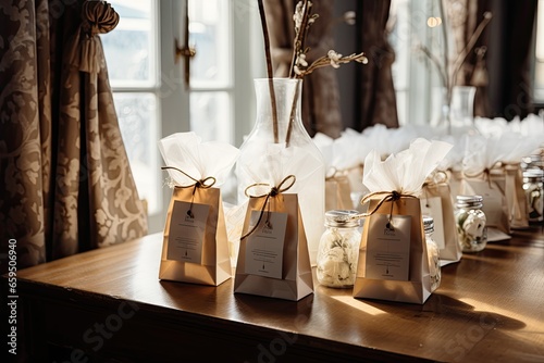 Celebration of a wedding or a birthday with elegant presents on a table