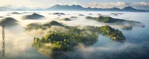 Aerial view of fog rising above island trees. Misty landscape with forest. © Michal