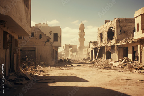 Broad view of a devastated city in the near east post-war. Stark depiction of a city in ruins, ablaze and smoldering. The aftermath of conflict and the desolation it brings made with Generative AI