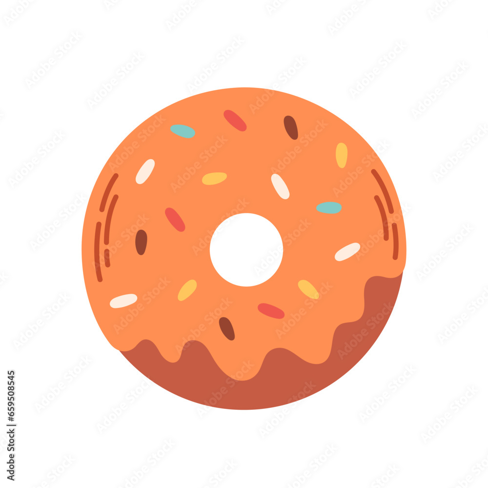 Cute donut with sprinkles. Sweets, pastries, bakery products. Vector illustration in flat style Cute donut with sprinkles. Sweets, pastries, bakery products. Vector illustration in flat style