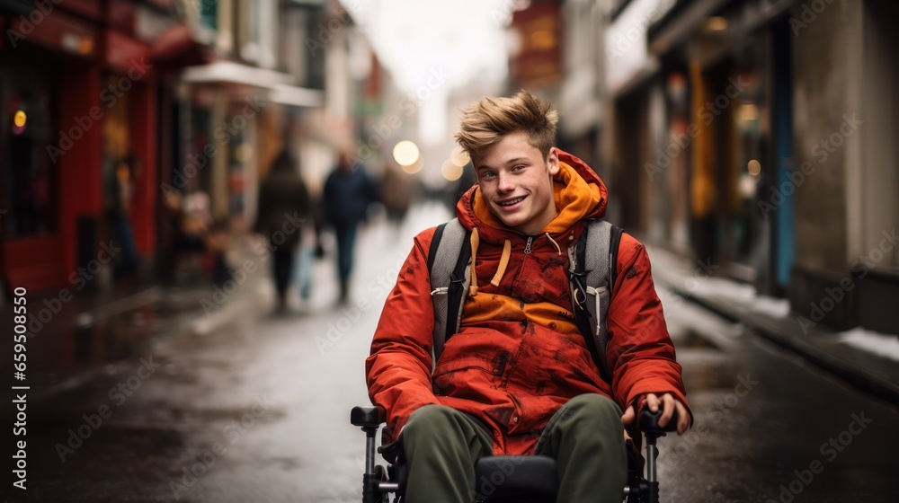 Gen Z boy in a wheelchair in the city Gen Z boy in a wheelchair in the city