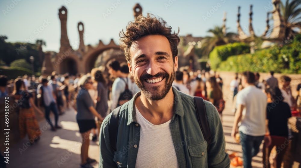 Naklejka premium Tourists take selfies with smartphones in Park Guell, Barcelona, Spain - Man smiling on vacation