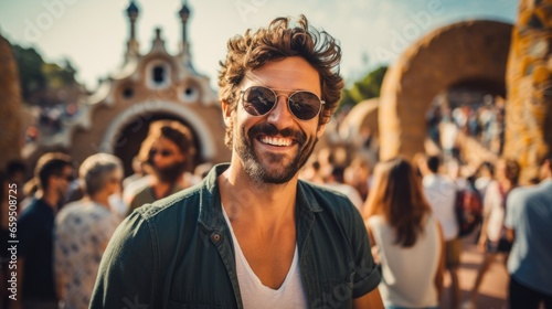 Tourists take selfies with smartphones in Park Guell, Barcelona, Spain - Man smiling on vacation