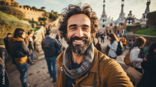 Tourists take selfies with smartphones in Park Guell, Barcelona, Spain - Man smiling on vacation photo