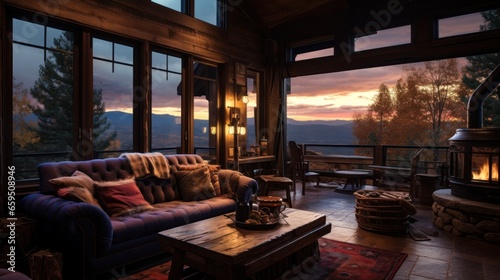 Mountain view from a cozy log cabin retreat © sirisakboakaew
