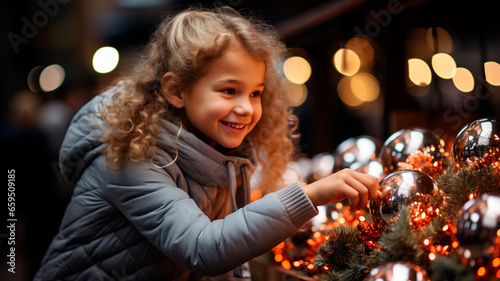 happy child girl decorating christmas tree in christmas market. xmas and new year holidays concept.