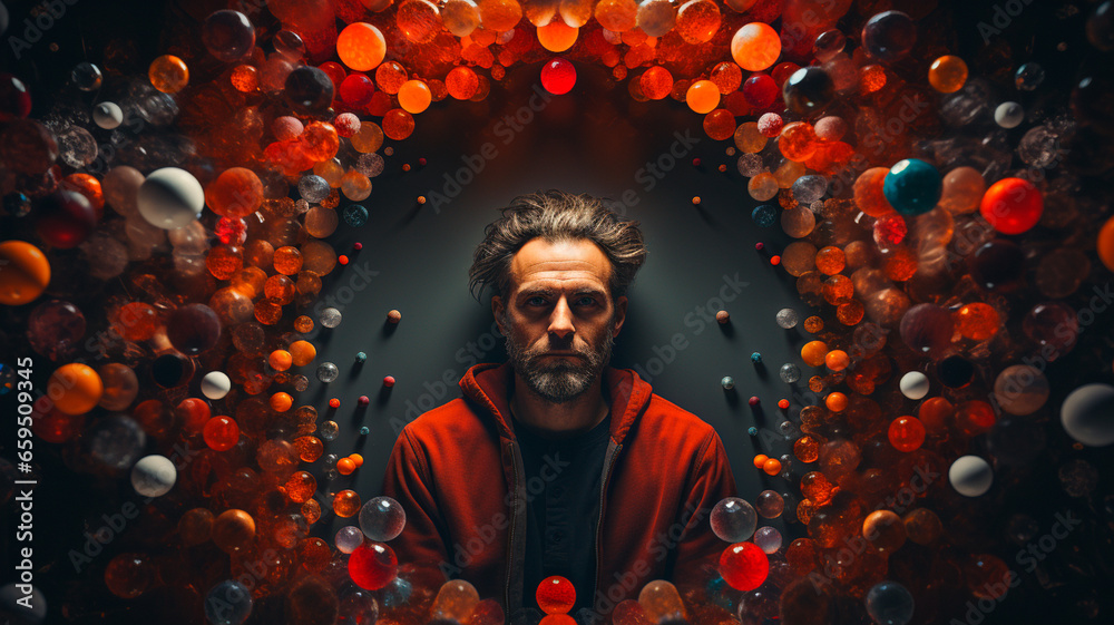 portrait of young man with big eyes in hoodie standing in a tunnel with colorful balls. portrait of young man with big eyes in hoodie standing in a tunnel with colorful balls.