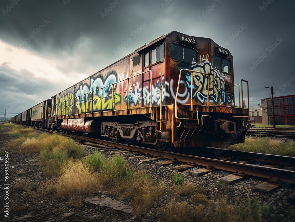 Fototapeta premium Freight train with graffiti art, rustic, on tracks through a desolate industrial area, cloudy overcast sky, dramatic ambient lighting