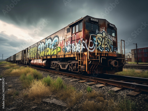 Freight train with graffiti art, rustic, on tracks through a desolate industrial area, cloudy overcast sky, dramatic ambient lighting