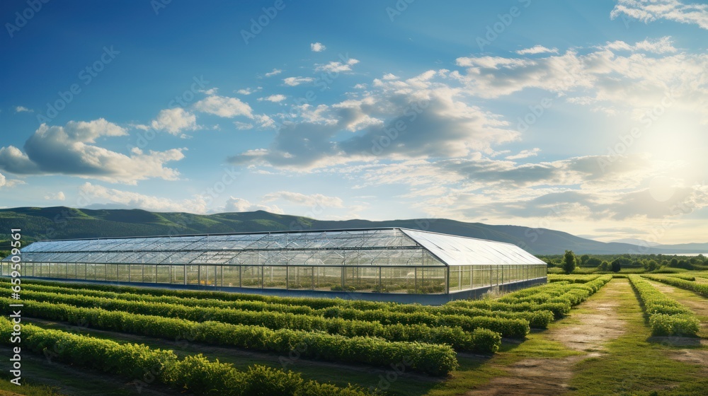 Stunning view of a beautiful modern greenhouse with solar panels in the countryside. Stunning view of a beautiful modern greenhouse with solar panels in the countryside.