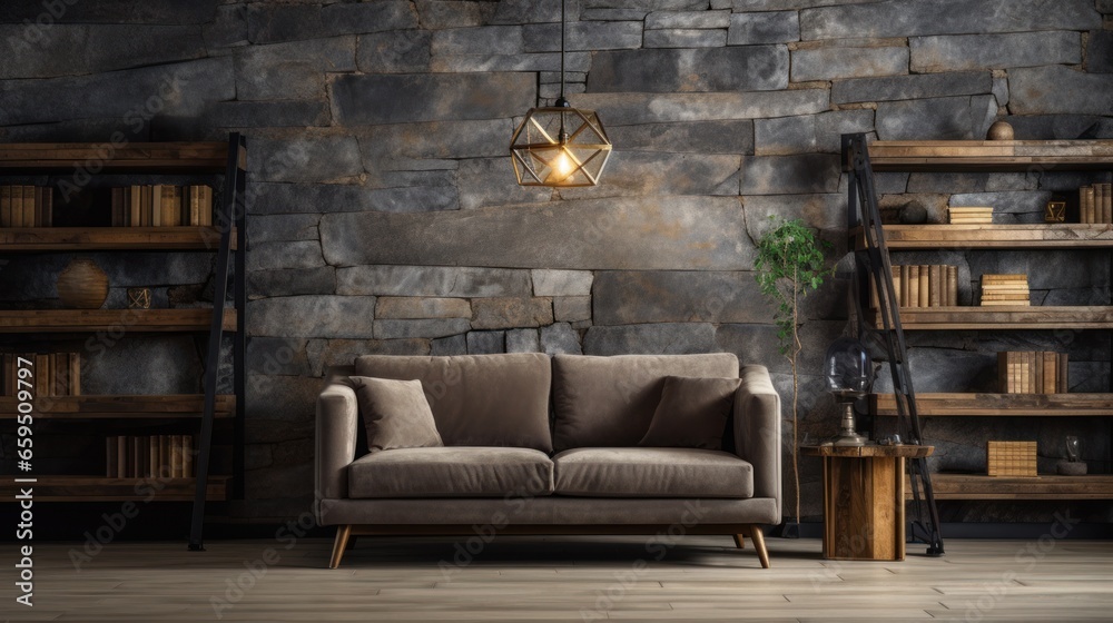 Room with gray stone wall decoration background and wooden decorations Brown parquet floor with sofa and bookshelf. - obrazy, fototapety, plakaty 