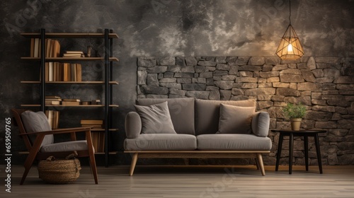 Room with gray stone wall decoration background and wooden decorations Brown parquet floor with sofa and bookshelf.