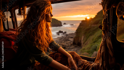 young couple on a cliff at sunset.