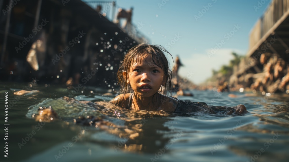 Fototapeta premium Asian children swim in a river full of waste