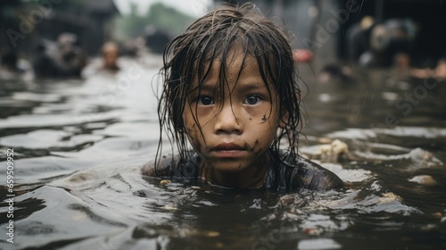 Asian children swim in a river full of waste