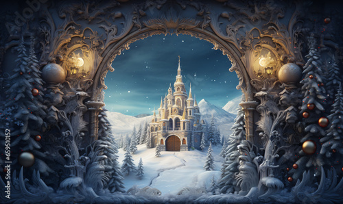 A magical view of a snowy castle in a winter forest. Enter through the Christmas gate into a fairyland. digital AI