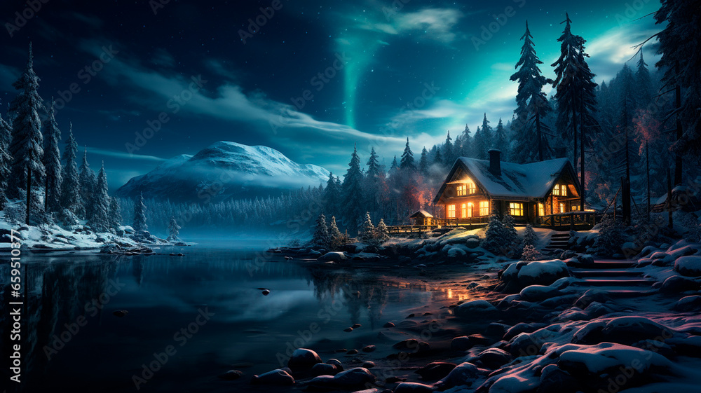 a night landscape of a lake with a wooden house, a lake, a tree, a lake in the background.
