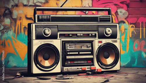 Retro old design ghetto blaster boombox radio cassette tape recorder from 1980s in a grungy graffiti covered room.music blaster photo