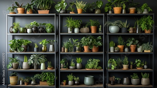 A metal shelf with a variety of houseplants represents home gardening and the idea of collecting houseplants.