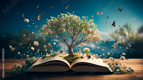open book on a tree with butterflies