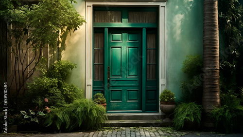 Entrance of delightful dwelling is adorned by a bright green door. Generative AI