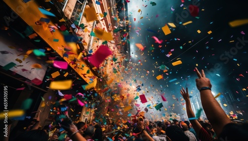 Photo of a lively concert with colorful confetti and streamers filling the air