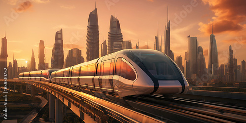 Monorail train, futuristic design, elevated track against a sunset sky with skyscrapers silhouetted in the background, warm colors