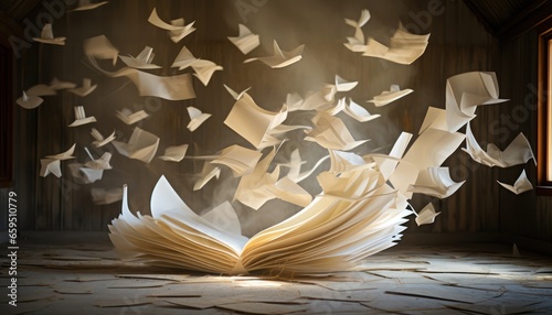 Photo of an open book releasing paper birds into the air photo