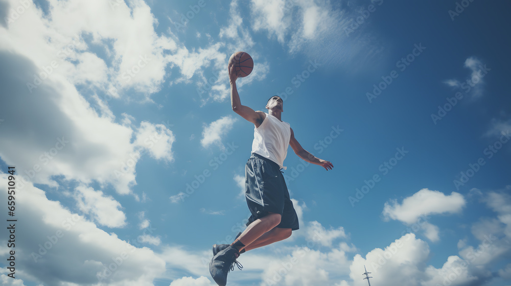 Sky-High Slam Dunk: Street Basketball Player in Action