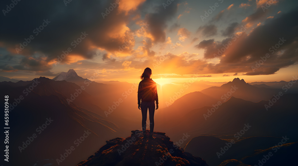 Majestic Sunset with Woman Silhouette on Mountain