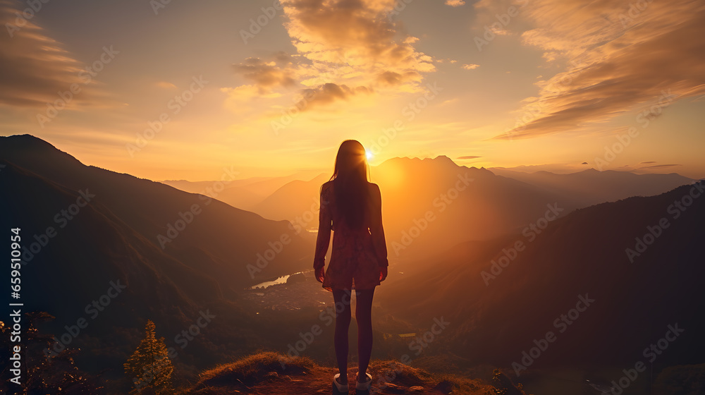 Obraz premium Majestic Sunset with Woman Silhouette on Mountain