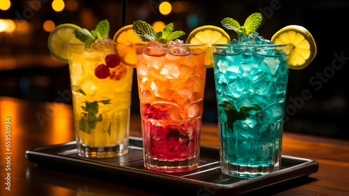 set of colorful cocktails in glasses on dark background. bar concept