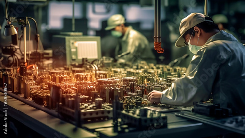 Innovative world of Chinese semiconductor factory, worker operate. Generative AI
