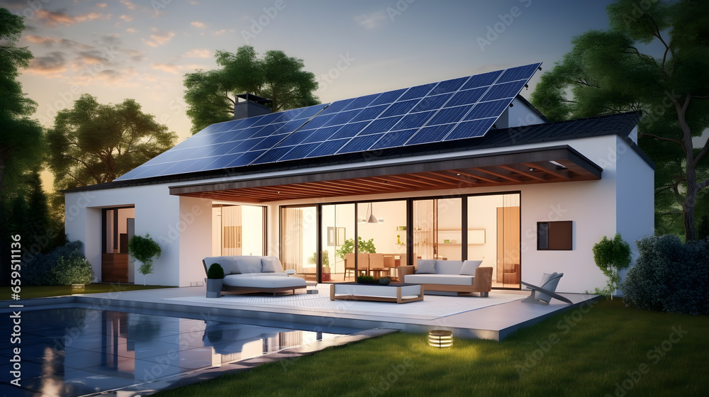 Sustainable Living: 3D Modern House with Solar Panel and Garden Mock-Up