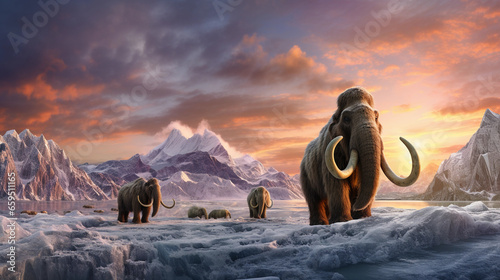 historical recreation of a glacier from the last Ice Age, woolly mammoths in the foreground, dramatic skies, time - frozen moment © Gia