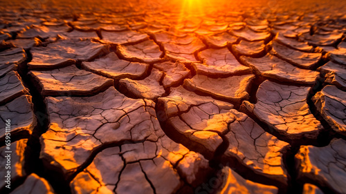 The parched earth with deep cracks form drought. Fissures soil, Generative AI