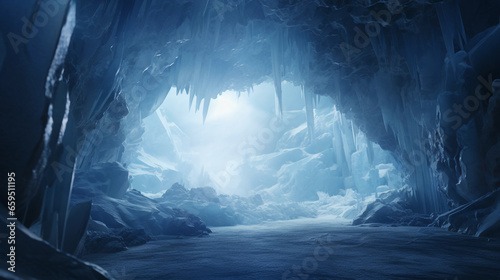 glacier ice cave interior, dramatic lighting casting shades of blue