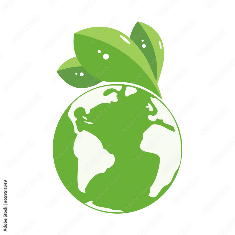 Ecological icon. Planet Earth with green leaves. Badge, sticker, vector Ecological icon. Planet Earth with green leaves. Badge, sticker, vector