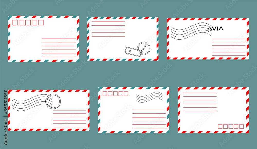 Set of postal envelopes with stamps. Illustration, design elements, vector