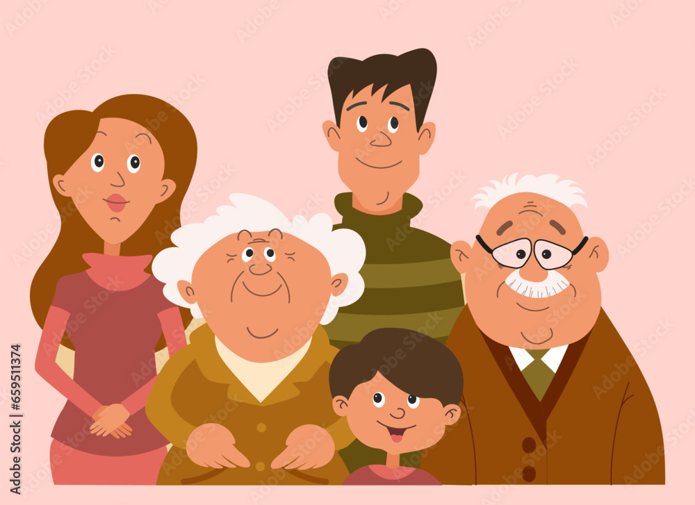 Portrait of a happy family, mother, father, son, grandparents. Cartoon illustration in flat style, vector Portrait of a happy family, mother, father, son, grandparents. Cartoon illustration in flat style, vector