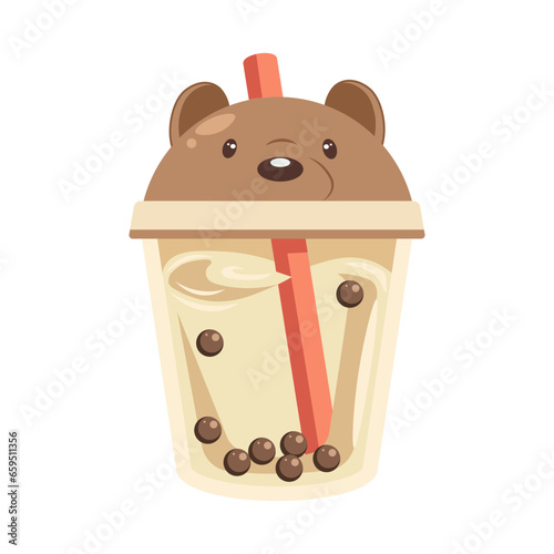 A glass of milkshake with a bear. Drink icon, cartoon flat illustration, vector