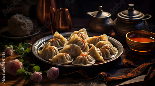 Khinkali Feast: Delicious Georgian Dumplings on a Beautifully Decorated Table