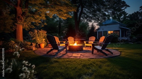 Outdoor fire pit in the backyard, with lawn chairs seating on a late summer or autumn night, concept of relaxation and take a rest.