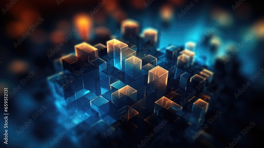 Abstract tech background with interconnected cyber cells, quantum computing network system and electronic global data connection